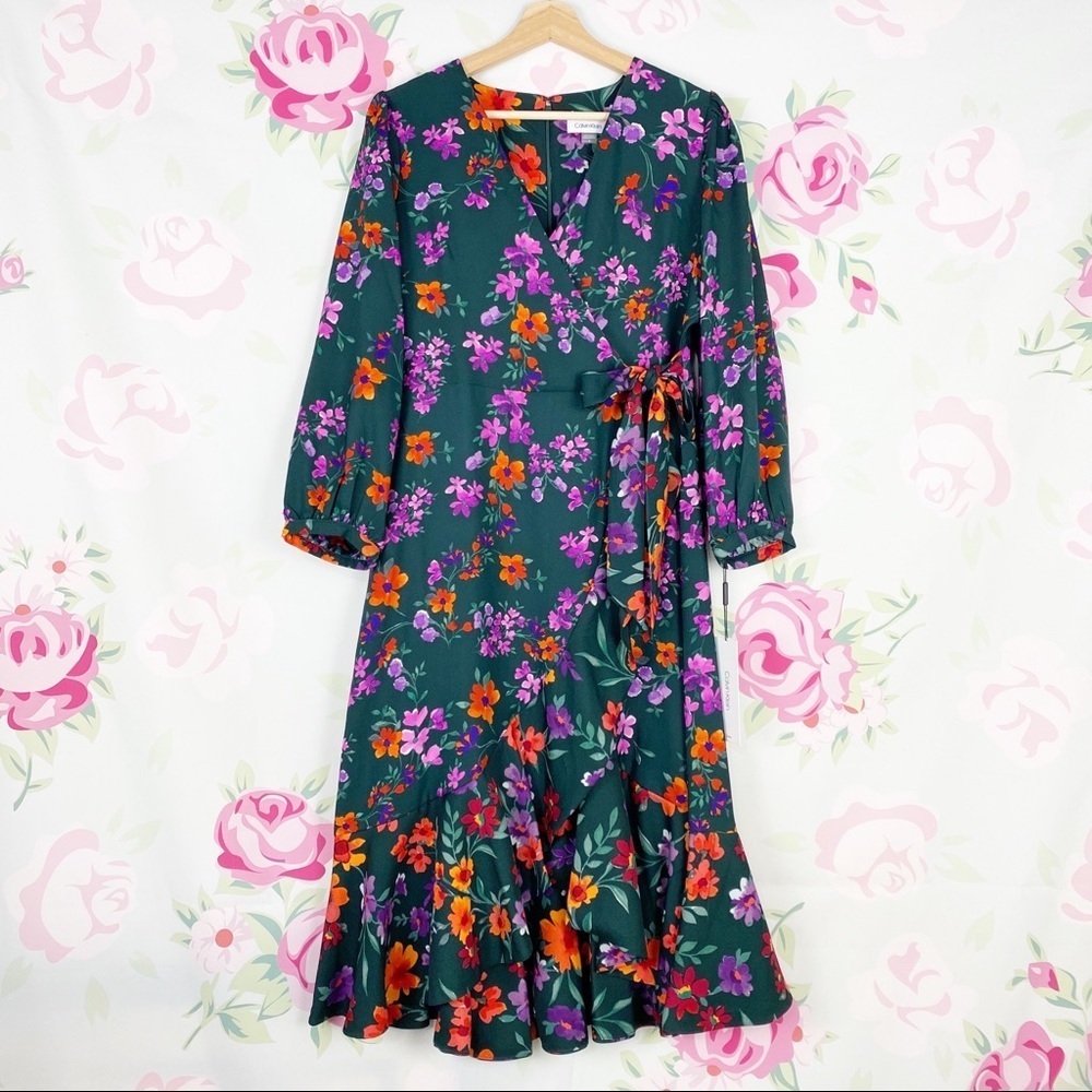 NEW Calvin Klein Floral Print Faux Wrap Dress